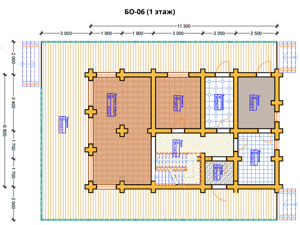 Проект бани 6.8х11.3м БО-06 - план 1 этажа