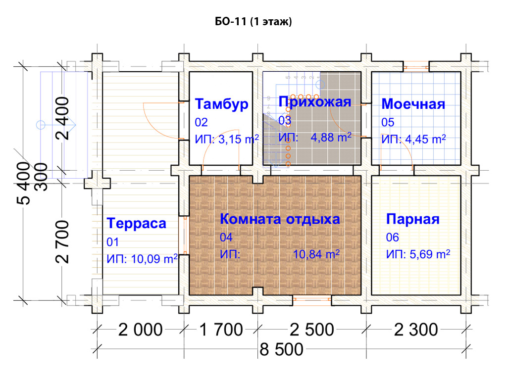 Проект бани 5.5х8.5м БО-11 (план 1 этажа)