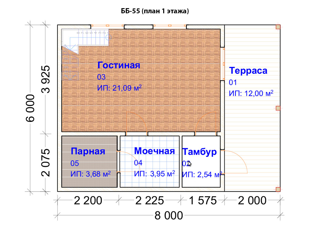 План бани 6х6 с террасой