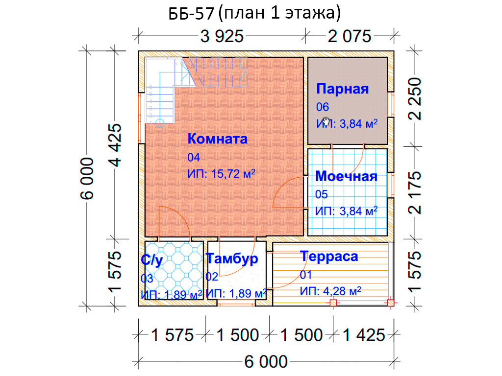 Проект бани 6х4 из бруса 150х150