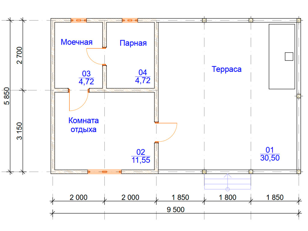 Проект бани 6х6 с комнатой отдыха парилкой помывочной туалетом